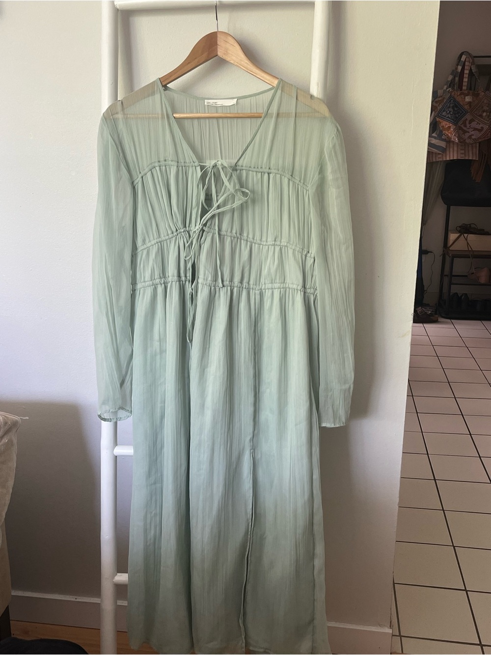 OAK + FORT Sage Green Tie-Front Sheer Sleeve Maxi Dress